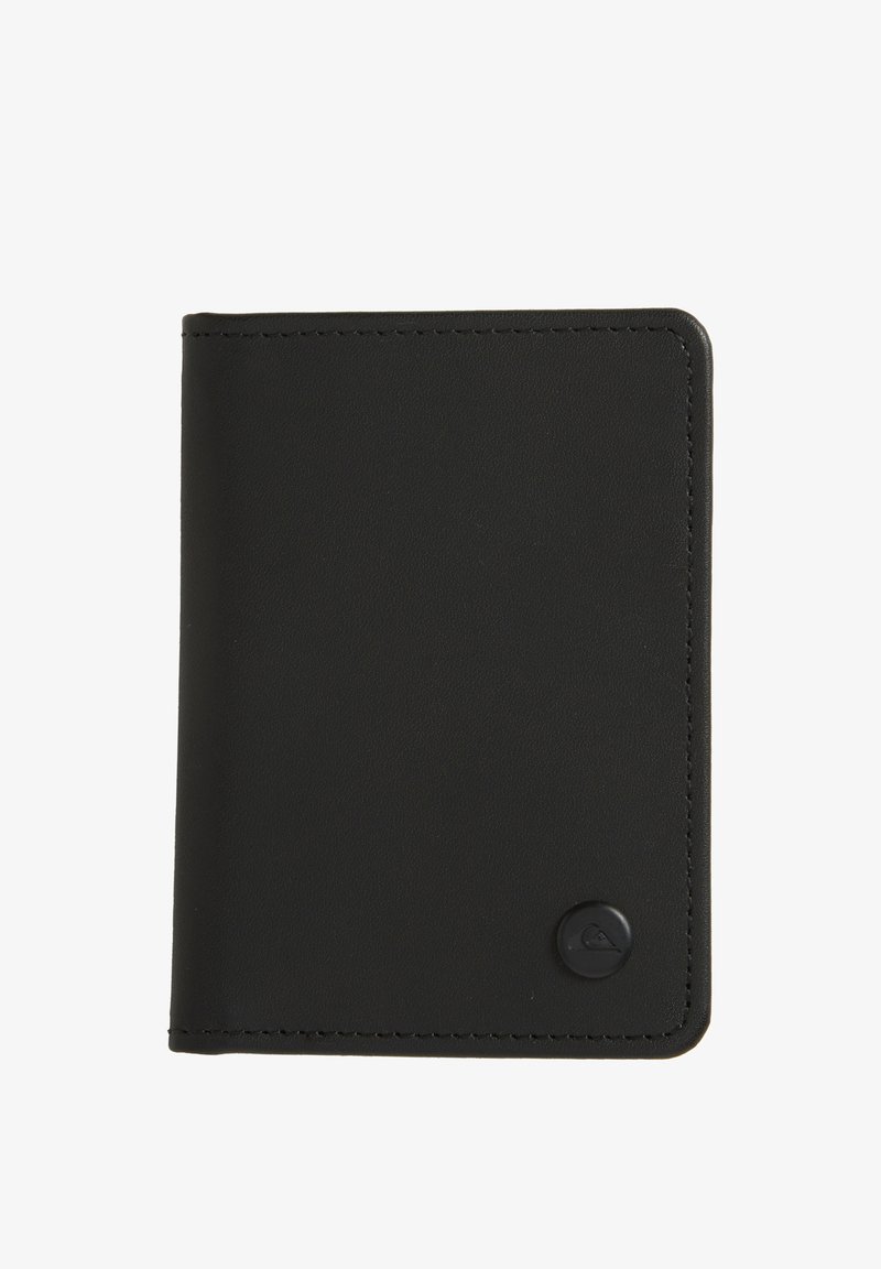 Zwarte leren portemonnee met een gladde textuur, rechthoekige vorm en afgeronde hoeken. Bevat subtiele logo-informatie in de rechterbenedenhoek.