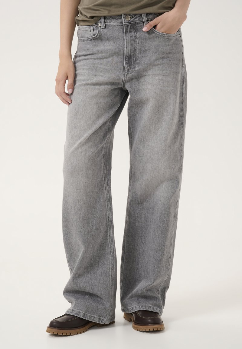 Gray wide-leg jeans made of denim, featuring a high waist, front pockets, and a relaxed fit, paired with brown footwear.