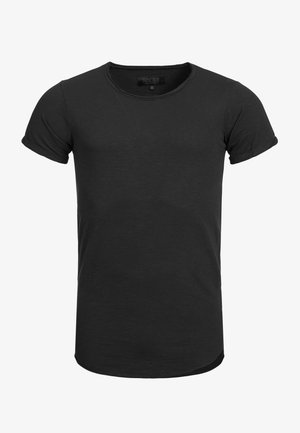 Black short-sleeve t-shirt made of cotton. Features a round neckline and a slightly curved hem. Soft texture with rolled sleeve accents.