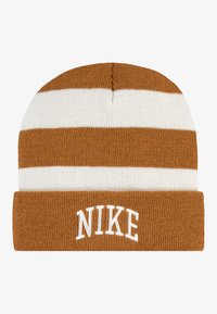 Bonnet en tricot à rayures marron et blanches avec un revers. Présente un logo "NIKE" brodé en blanc sur le revers.