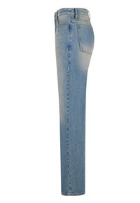 Hellblaue Jeans aus Denim im geraden Bein-Design, mit leichtem Verblassen, im Fünf-Taschen-Stil und subtilen Stichdetails.
