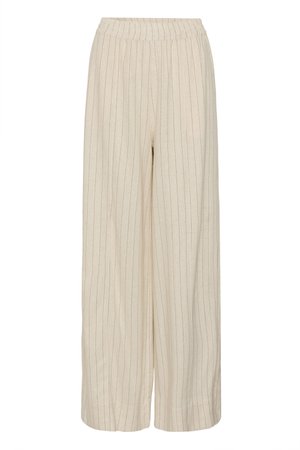 Μπεζ παντελόνι με φαρδιά μπατζάκια, λεπτές κάθετες ρίγες και ελαστική μέση, κατασκευασμένο από ελαφρύ ύφασμα.