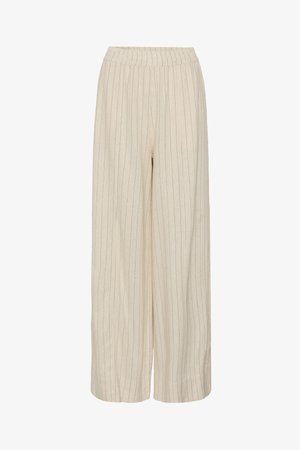 Μπεζ παντελόνι με φαρδιά μπατζάκια, λεπτές κάθετες ρίγες και ελαστική μέση, κατασκευασμένο από ελαφρύ ύφασμα.