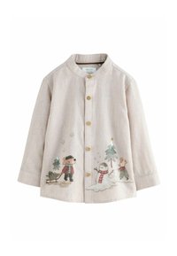 Chemise beige clair avec un col mandarin, ornée d'une broderie représentant une scène d'hiver avec des animaux, fermeture à boutons et texture douce.