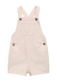 Svetlo roza džins overali z nastavljivimi čezramnimi naramnicami, dvema sprednjima žepoma in kovinskimi gumbi. Kratka različica.