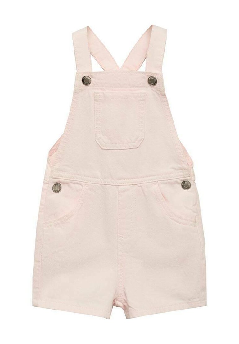 Svetlo roza džins overali z nastavljivimi čezramnimi naramnicami, dvema sprednjima žepoma in kovinskimi gumbi. Kratka različica.