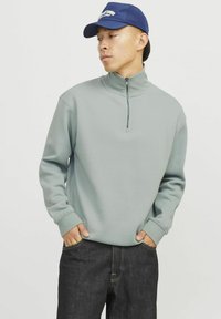 Light green fleece pullover with a high collar and half-zip. Features ribbed cuffs, contrasting seams, and worn with dark denim pants.