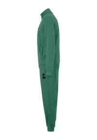 Chándal en verde; chaqueta con cremallera y cuello alto, bolsillos laterales; pantalones ajustados a juego; lleva el logo en negro en los pantalones. Material suave.