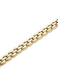 Gold-tone metal bracelet featuring interconnected, oval-shaped links with a smooth texture. Uniform color and polished finish throughout.