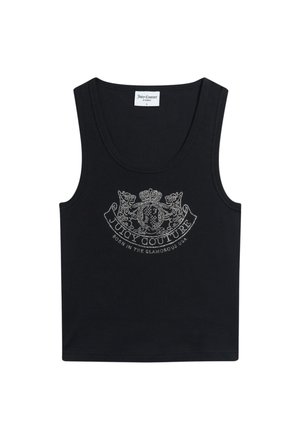 Zwart geribd tanktop met Juicy Couture strass wapenschildlogo en tekst "Born in the Glamorous USA" aan de voorkant, maat small label aan de binnenkant van de halslijn.