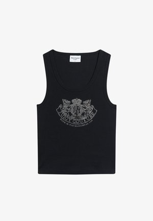Zwart geribd tanktop met Juicy Couture strass wapenschildlogo en tekst "Born in the Glamorous USA" aan de voorkant, maat small label aan de binnenkant van de halslijn.