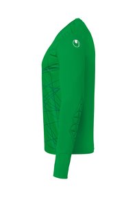 Chemise verte à manches longues avec une texture lisse, des lignes abstraites bleues à l'avant et un accent à motifs sur la manche gauche.