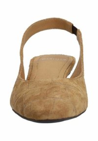 Bruine suède platte schoen met een ronde neus en een slingback bandje. Heeft een textuur bovenkant en een gevoerde binnenzool.