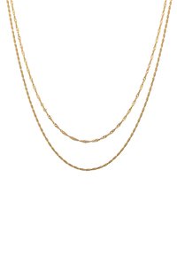 Goldene, verdrehte Kettenhalskette mit zwei übereinander liegenden Strängen, einem dickeren und einem dünneren, mit glatter, reflektierender Oberfläche.