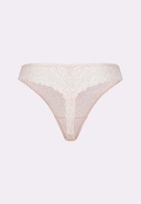Spitzen-Tanga in sanftem Pink mit floralem Muster, transparenter Stoff, gewellter Rand und schmalem Bund für ein zartes Design.