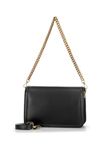 Borsa in pelle nera con forma rettangolare, tracolla in catena dorata e tracolla in pelle removibile. Texture liscia e design minimal.