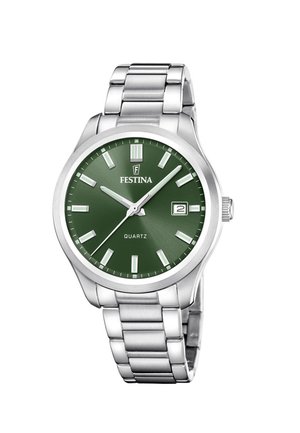 Silberne Metall-Armbanduhr mit grünem Zifferblatt, silbernen Stundenmarkierungen, Datumsanzeige bei 3 Uhr und drei Zeigern, die 10:10:38 anzeigen.