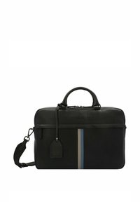 Borsa da lavoro in pelle nera con doppi manici superiori, tracolla regolabile e un design caratterizzato da strisce verticali blu e beige.