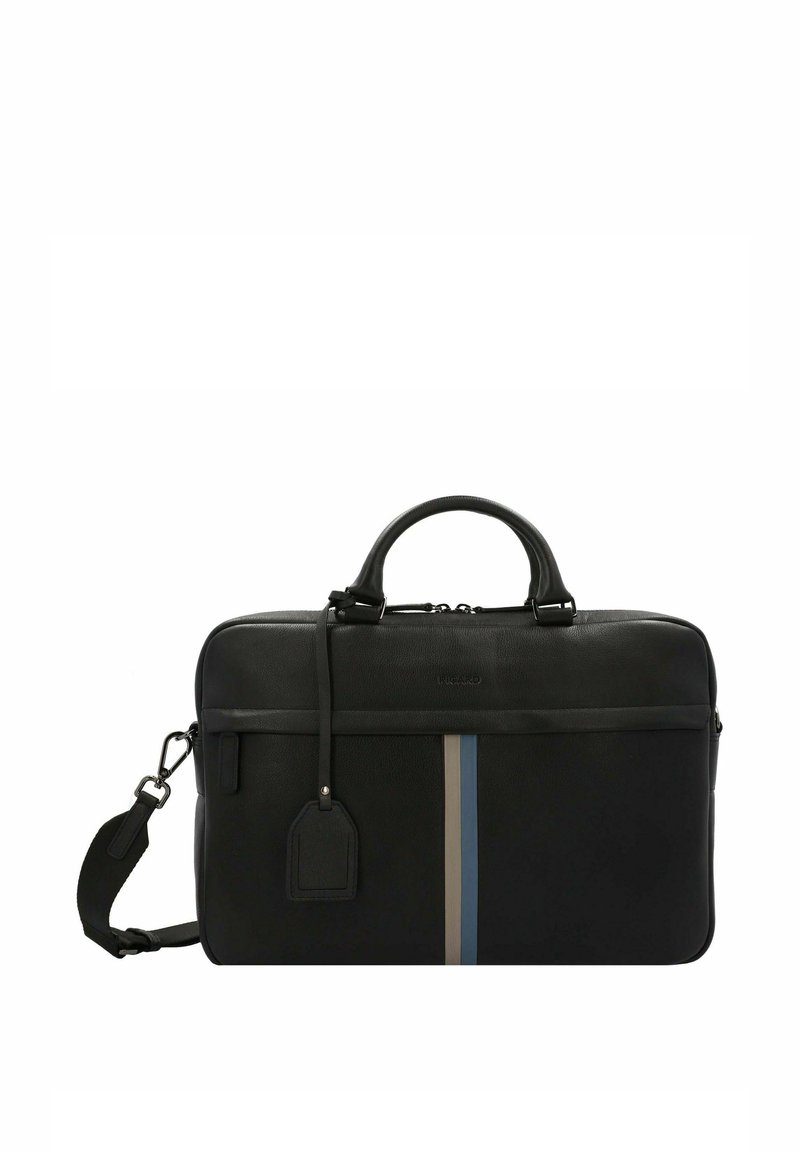 Borsa da lavoro in pelle nera con doppi manici superiori, tracolla regolabile e un design caratterizzato da strisce verticali blu e beige.