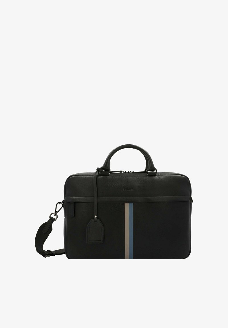 Mallette en cuir noir avec deux poignées supérieures, bandoulière réglable et rayures verticales avant en beige et bleu. Comprend une étiquette de bagage.