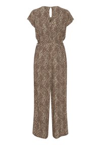 Tuta leopardato in marrone e crema, con maniche corte a sbuffo, schiena con apertura a occhio di bottone e design a gamba larga. Tessuto leggero.