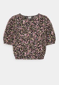 Blouse fleurie à manches courtes bouffantes, fond noir, petites fleurs multicolores, taille froncée, tissu doux, encolure ronde.