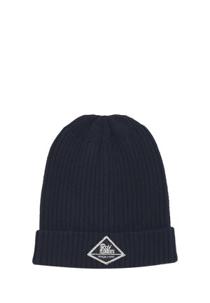 Berretto a coste in maglia navy con risvolto e patch logo a forma di diamante in bianco e argento. Texture morbida e design stretchabile.