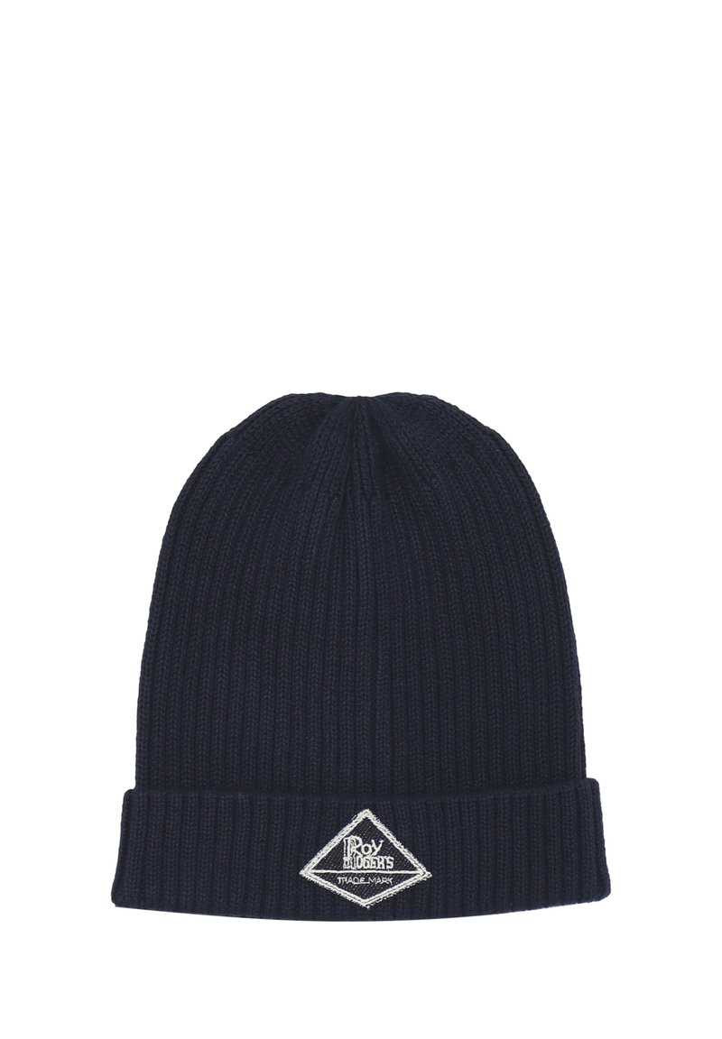 Berretto a coste in maglia navy con risvolto e patch logo a forma di diamante in bianco e argento. Texture morbida e design stretchabile.