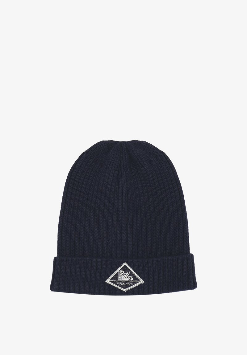 Berretto a coste in maglia navy con risvolto e patch logo a forma di diamante in bianco e argento. Texture morbida e design stretchabile.