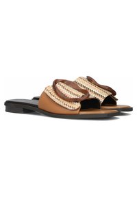 Brown leather slide sandals with woven textile upper featuring a zigzag pattern, two oversized circular accents, and a flat black outsole.