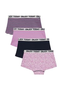 Set med fyra damunderkläder: har rosa, marinblå och randiga mönster; elastiska midjeband med texten "NJUT AV IDAG"; mjukt bomullsmaterial.