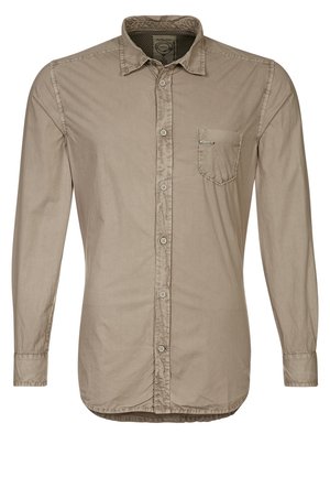 Beiges langärmliges Hemd mit Knöpfen, Brusttasche und klassischem Kragen, aus leichtem Stoff gefertigt.