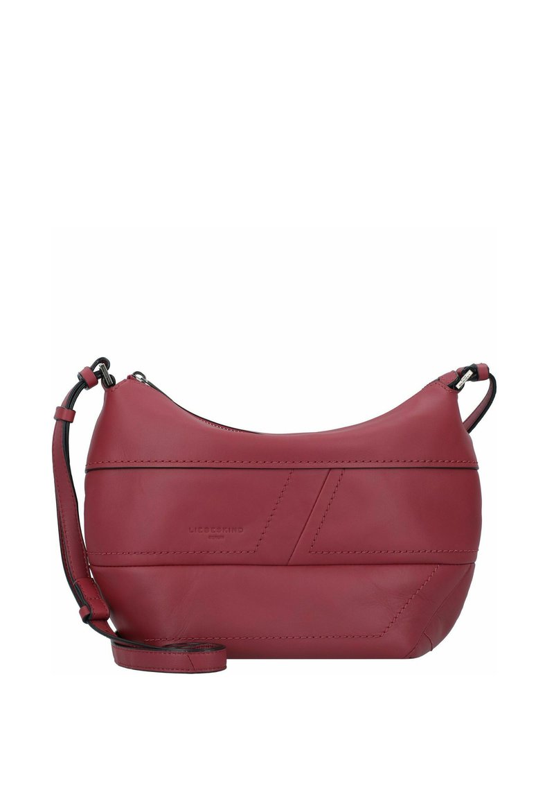 Borsa a spalla in pelle rossa con forma arrotondata, caratterizzata da dettagli geometrici cuciti e una tracolla staccabile per maggiore versatilità.