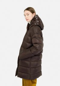 Brun pufferjakke med en blank finish, oversized hætte og sidelommer; quiltet design med en afslappet pasform og neutral baggrund.