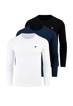 Three long-sleeve t-shirts in white, navy, and black. Made from soft fabric with a round neckline and a small logo on the chest.