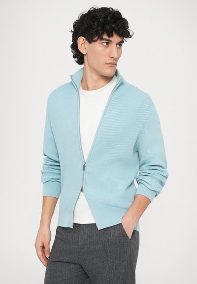 Ανοιχτό μπλε ριμπ ζιπ-απ πουλόβερ με ψηλό γιακά και μανίκια με μανσέτες, φορεμένο πάνω από λευκή κοντομάνικη μπλούζα και γκρι παντελόνι.