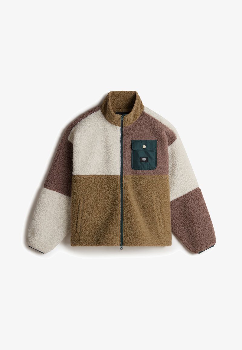 Giacca in pile con colletto alto, caratterizzata da un design a blocchi di colore in crema, marrone e verde oliva, oltre a una tasca a toppa sul petto.