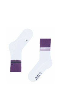 Białe skarpetki z purpurowymi akcentami, z jasnopurpurowymi i granatowymi poziomymi paskami oraz ściągaczami. Zawierają tekst rozmiaru i marki na podeszwie.
