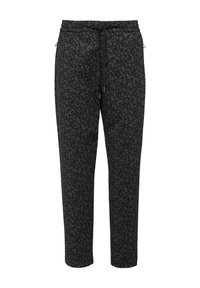 Zwarte joggers met een geometrisch patroon, elastische tailleband, trekkoordsluiting en zijzakken. Zachte stof met een relaxte pasvorm.