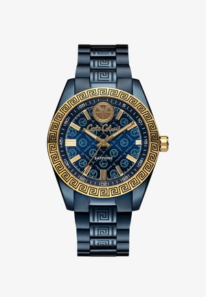 Blue stainless steel watch with gold accents, patterned blue dial, and Greek key detailing on the bezel and bracelet. Sapphire crystal face.