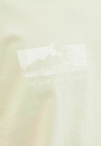 Lichtgroene t-shirt van zacht materiaal, met een vervaagde witte afbeelding van een surfer en de tekst "Vind je eigen geluk" daaronder.