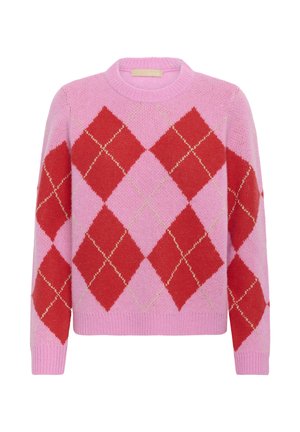 Pink knitted sweater with large red and gold diamond argyle pattern, round neckline, and long sleeves.