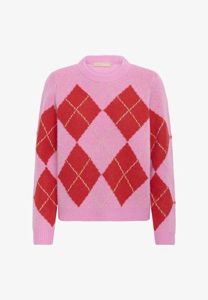 Pink knitted sweater with large red and gold diamond argyle pattern, round neckline, and long sleeves.