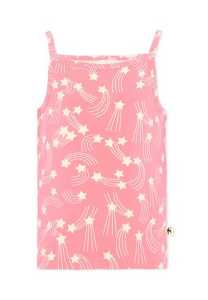 Canotta rosa senza maniche con spalline sottili e motivo a stelle cadenti bianche su tutta la superficie.