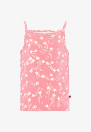 Débardeur rose sans manches avec fines bretelles et motif de petites étoiles filantes blanches sur toute la surface.