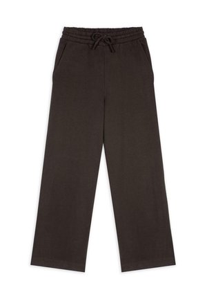 Pantaloni a gamba larga marrone scuro con vita elastica, cordoncino regolabile e due tasche laterali, realizzati in morbido tessuto di cotone.