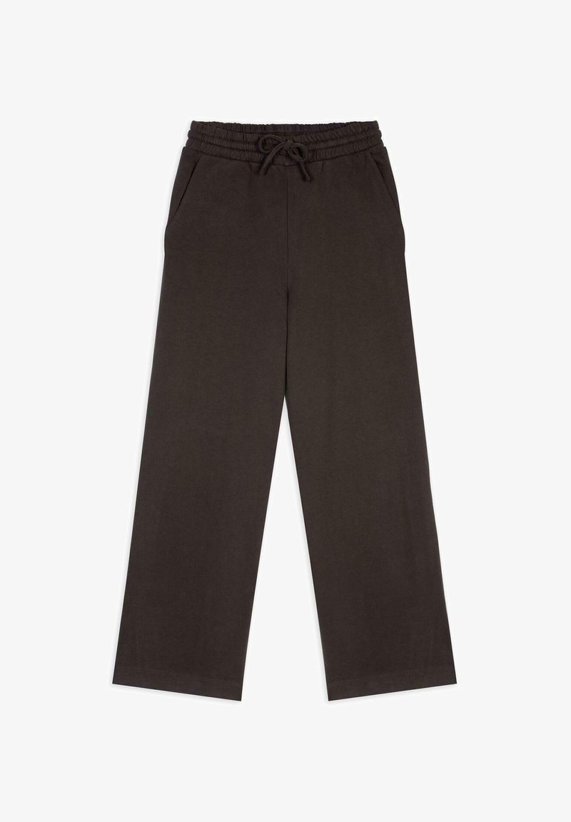 Pantalons larges marron foncé avec une taille élastique, un cordon de serrage réglable et deux poches latérales, fabriqués en tissu en coton doux.