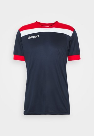 Marineblaue Sport-T-Shirt mit roten Akzenten an den Ärmeln und am Kragen, versehen mit einem weißen Streifen über der Brust und dem Uhlsport-Logo.