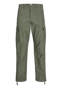 Pantaloni cargo verde oliva realizzati in misto cotone, con più tasche laterali, design a gamba dritta e coulisse regolabili ai polsini.