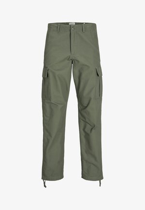 Pantaloni cargo verde oliva realizzati in misto cotone, con più tasche laterali, design a gamba dritta e coulisse regolabili ai polsini.